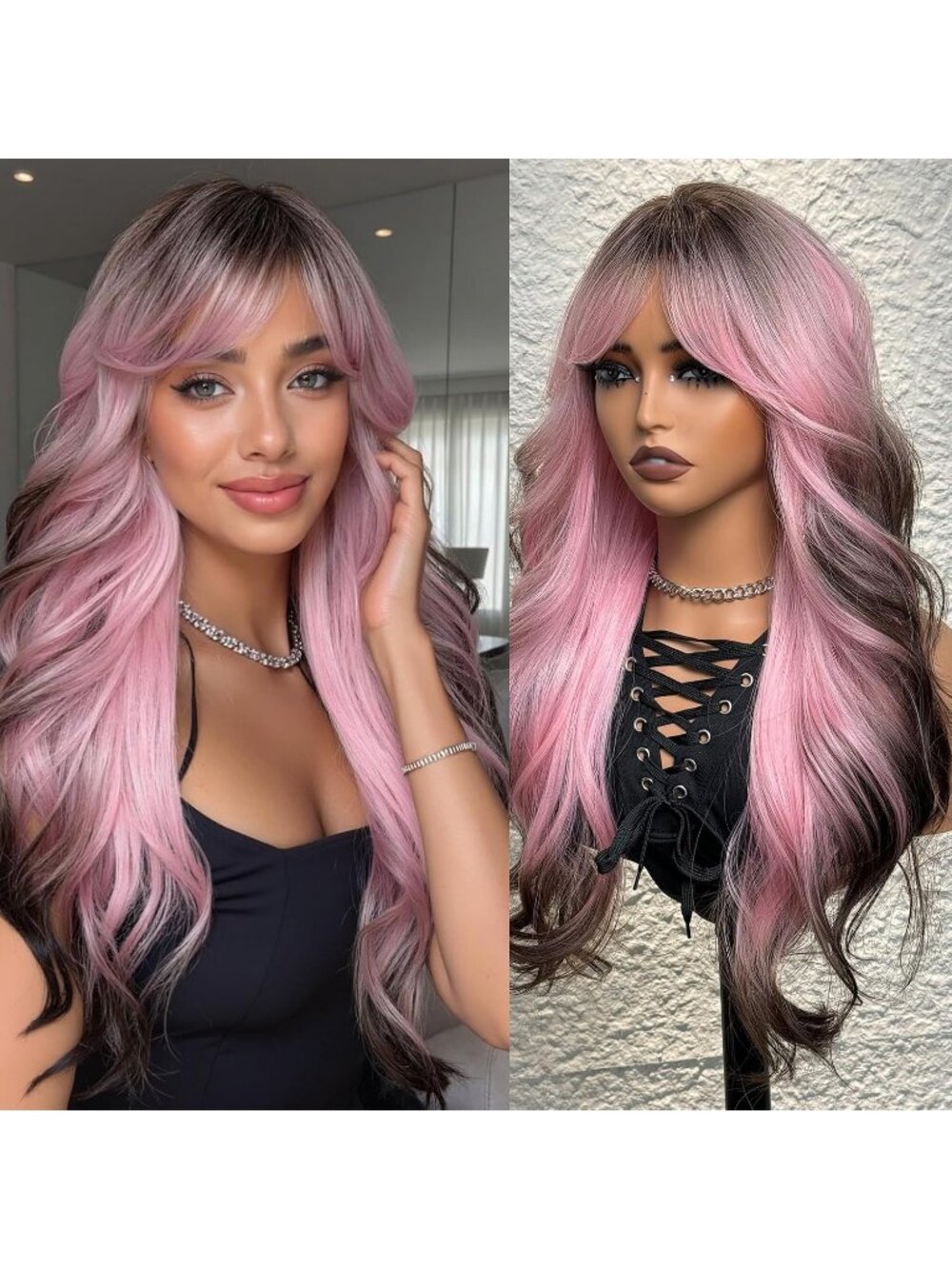 24 Inch Women's Fashion Pink Brown Soft Long Synthetic Wavy Curly Wig with Bangs